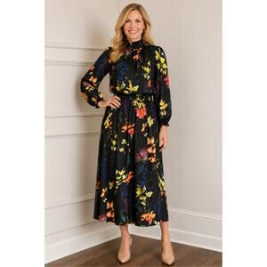 A New Day Black Floral Smocked High Neck Midi Dress Size XS